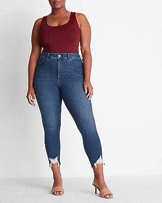 High Waisted Supersoft Medium Wash Ripped Hem Cropped Supersoft Skinny Jeans