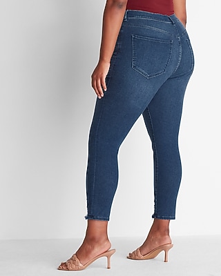 High Waisted Supersoft Medium Wash Ripped Hem Cropped Supersoft Skinny Jeans