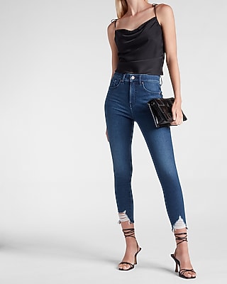 High Waisted Supersoft Medium Wash Ripped Hem Cropped Supersoft Skinny Jeans