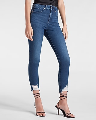 High Waisted Supersoft Medium Wash Ripped Hem Cropped Supersoft Skinny Jeans