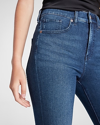 High Waisted Supersoft Medium Wash Ripped Hem Cropped Supersoft Skinny Jeans