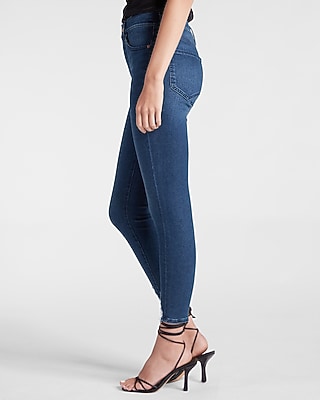 High Waisted Supersoft Medium Wash Ripped Hem Cropped Supersoft Skinny Jeans