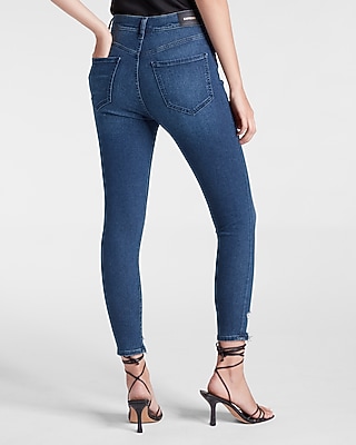 High Waisted Supersoft Medium Wash Ripped Hem Cropped Supersoft Skinny Jeans