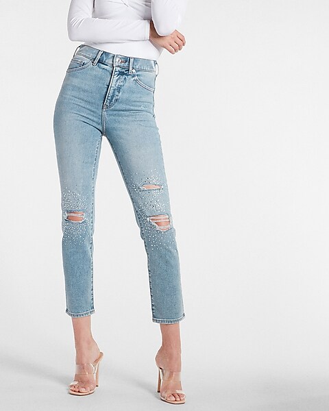 Signature 8 All Over Embellished Straight Leg Jeans in Wash Black