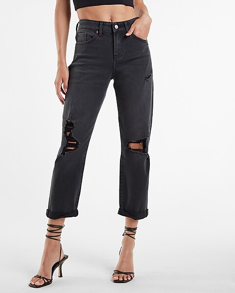 Rise Black Ripped Rolled Boyfriend Jeans