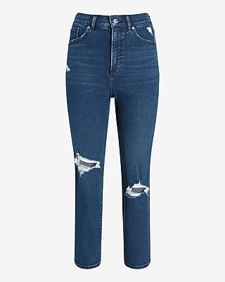 Super High Waisted Ripped Dark Wash Mom Jeans