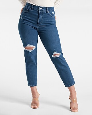 Super High Waisted Ripped Dark Wash Mom Jeans