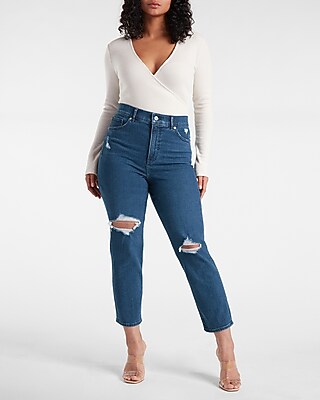 Super High Waisted Ripped Dark Wash Mom Jeans
