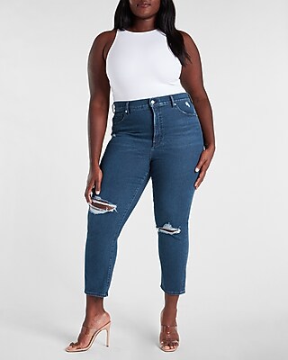 Super High Waisted Ripped Dark Wash Mom Jeans