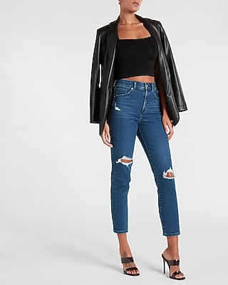 Super High Waisted Ripped Dark Wash Mom Jeans