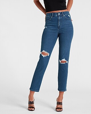 Super High Waisted Ripped Dark Wash Mom Jeans