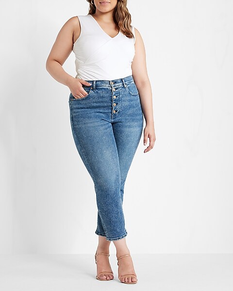 Super High Waisted Medium Wash Button Fly Mom Jeans