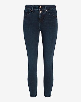 Mid Rise Dark Wash Double Button Cropped Skinny Jeans