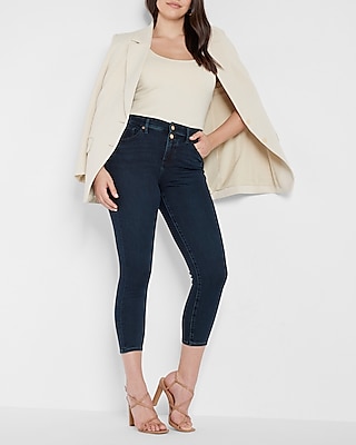 Mid Rise Dark Wash Double Button Cropped Skinny Jeans