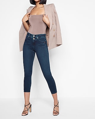 Mid Rise Dark Wash Double Button Cropped Skinny Jeans