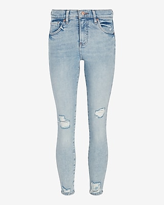 Mid Rise Light Wash Ripped Cropped Skinny Jeans