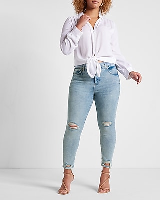 Mid Rise Light Wash Ripped Cropped Skinny Jeans