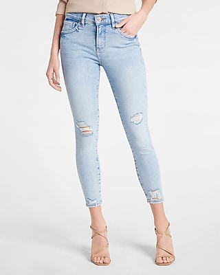 Mid Rise Light Wash Ripped Cropped Skinny Jeans
