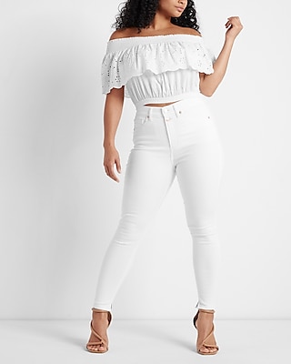 Conscious Edit High Waisted White Double Button Cropped Skinny Jeans