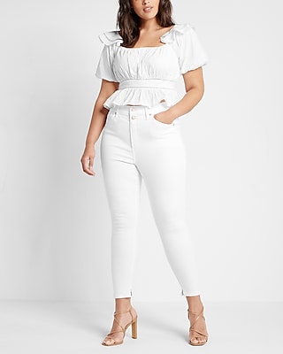 Conscious Edit High Waisted White Double Button Cropped Skinny Jeans