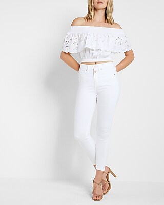 Conscious Edit High Waisted White Double Button Cropped Skinny Jeans
