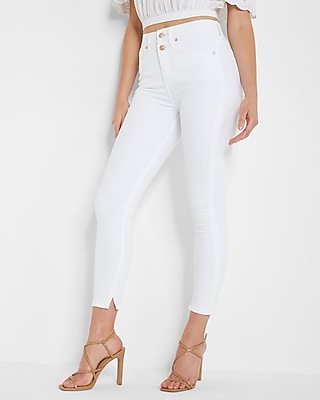 Conscious Edit High Waisted White Double Button Cropped Skinny Jeans