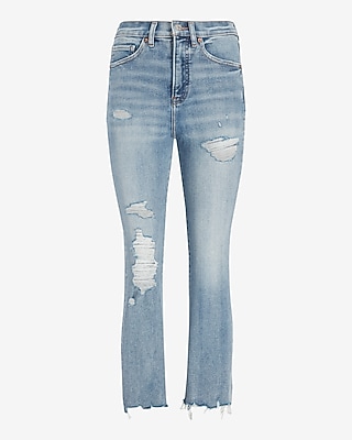 Conscious Edit High Waisted Light Wash Ripped Cropped Flare Jeans