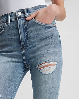 Conscious Edit High Waisted Light Wash Ripped Cropped Flare Jeans