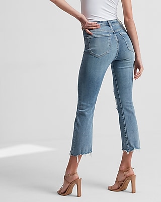 Conscious Edit High Waisted Light Wash Ripped Cropped Flare Jeans