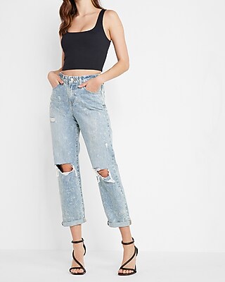 Mid Rise Light Wash Ripped Boyfriend Jeans Express