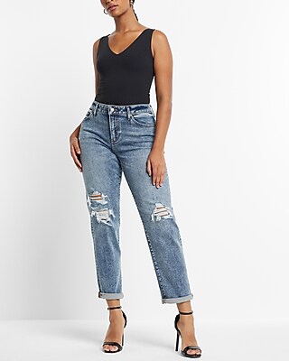 Mid Rise Medium Wash Ripped Boyfriend Jeans Express