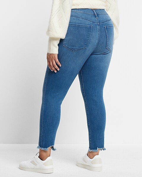 High Waisted Medium Wash Button Fly Cropped Skinny Jeans