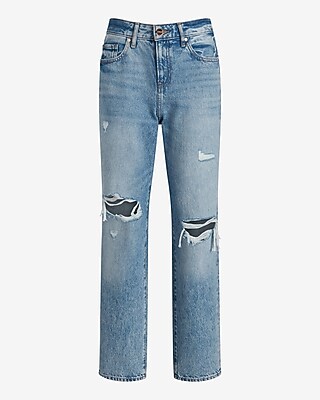Mid Rise Medium Wash Distressed Boyfriend Jeans