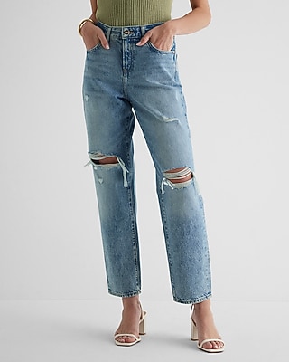 Mid Rise Medium Wash Distressed Boyfriend Jeans