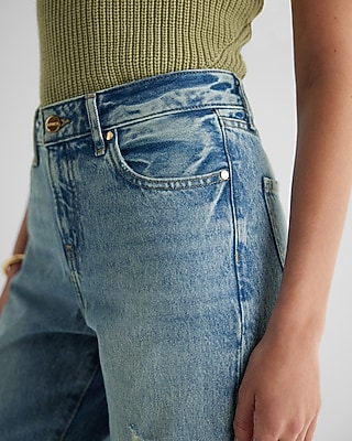 Mid Rise Medium Wash Distressed Boyfriend Jeans