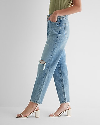 Mid Rise Medium Wash Distressed Boyfriend Jeans