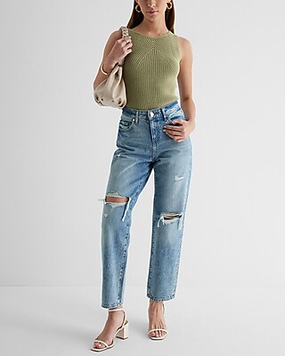 Mid Rise Medium Wash Distressed Boyfriend Jeans