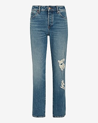 Mid Rise Medium Wash Ripped Boyfriend Jeans
