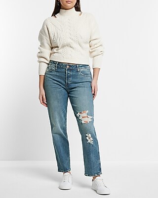 Mid Rise Medium Wash Ripped Boyfriend Jeans