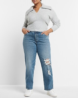Mid Rise Medium Wash Ripped Boyfriend Jeans