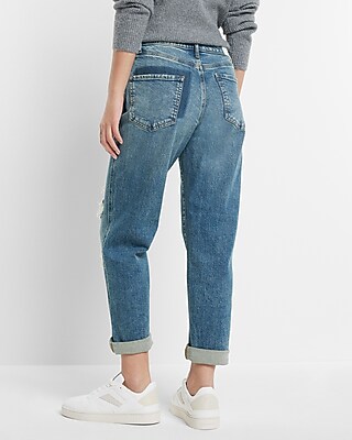 Mid Rise Medium Wash Ripped Boyfriend Jeans