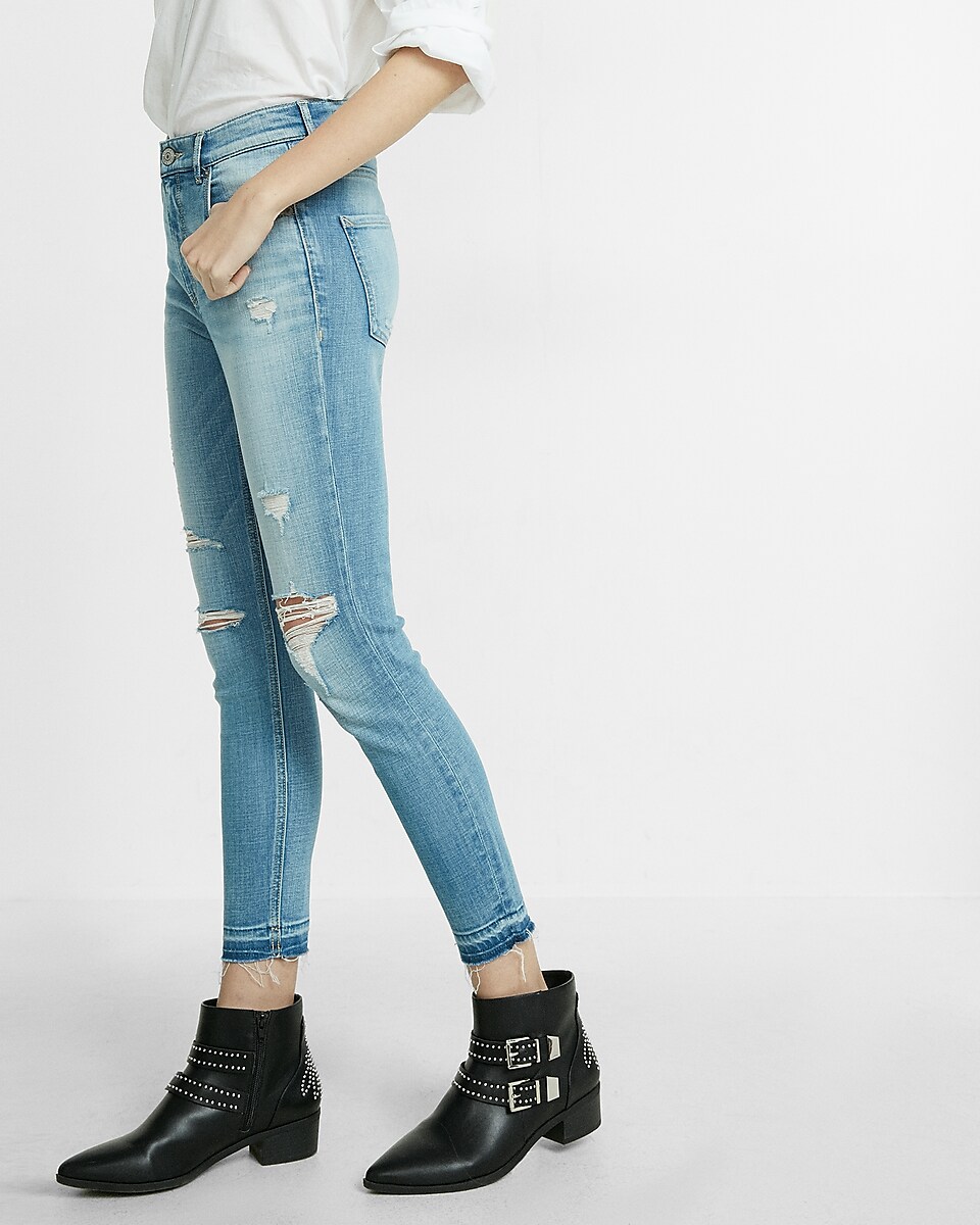 High Waisted Distressed Performance Stretch Cropped Jean Legging | Express