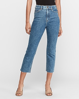 high waist raw hem straight leg jeans