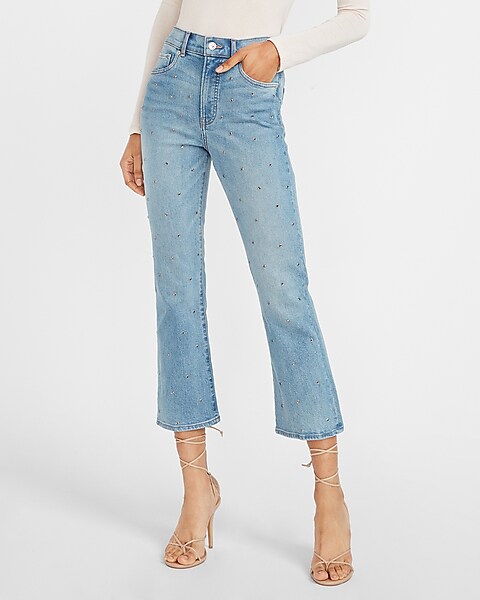 High Waisted Embellished Dot Cropped Flare Jeans | Express