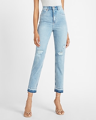 super high waisted ripped released hem straight jeans