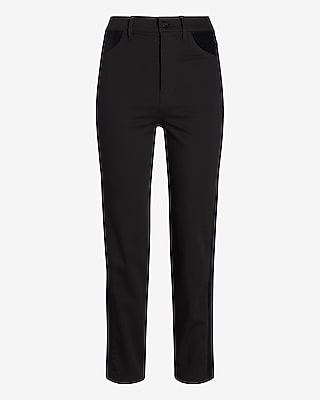 Super High Waisted Luxe Polished Black Velvet Pieced Straight Jeans