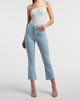 high waisted light wash raw hem cropped flare jeans