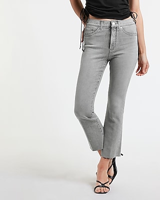 high waisted gray raw hem cropped flare jeans