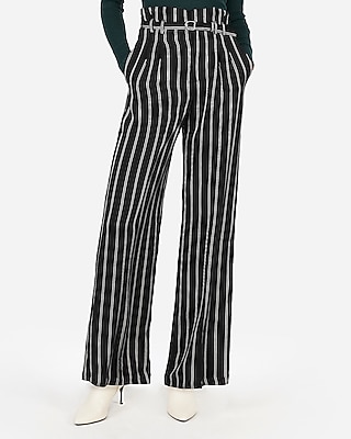 belted striped high waisted tapered pants