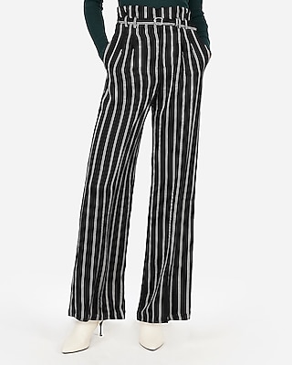 High Waisted Striped Belted Wide Leg 